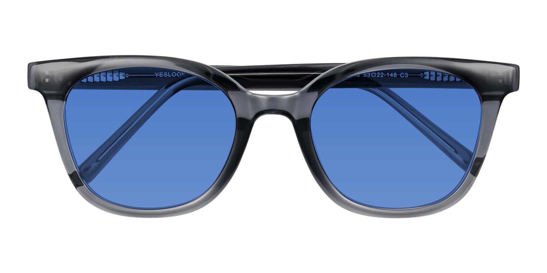 Folded Front of Jeromme in Translucent Gray with Blue Tinted Lenses