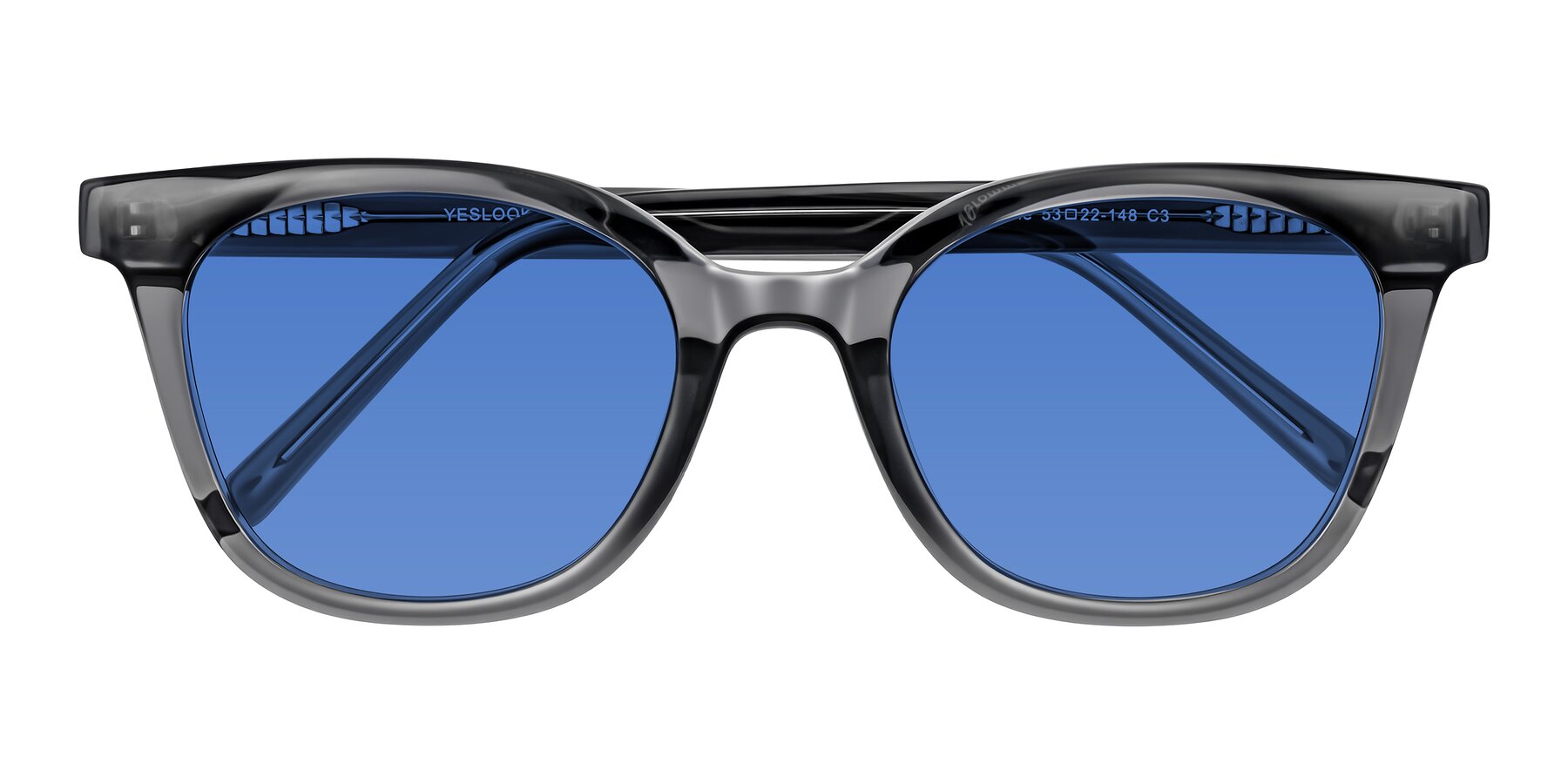 Folded Front of Jeromme in Translucent Gray with Blue Tinted Lenses