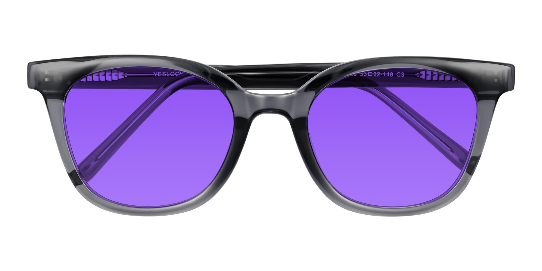 Folded Front of Jeromme in Translucent Gray with Purple Tinted Lenses