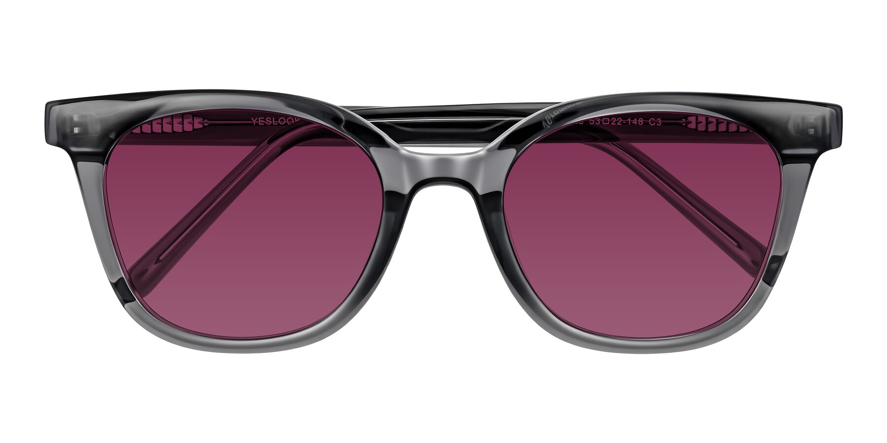 Folded Front of Jeromme in Translucent Gray with Wine Tinted Lenses