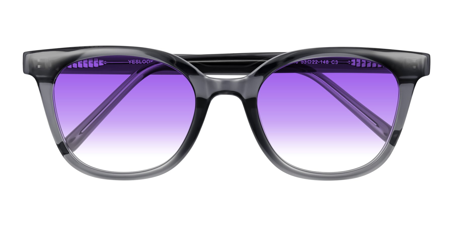Folded Front of Jeromme in Translucent Gray with Purple Gradient Lenses