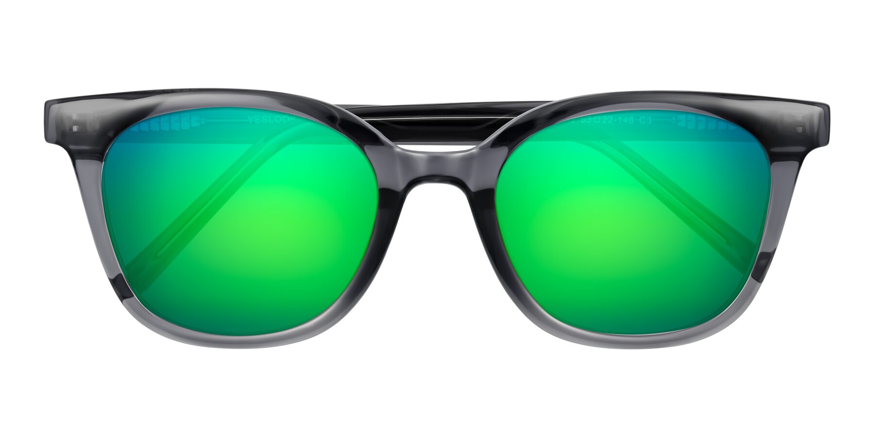 Folded Front of Jeromme in Translucent Gray with Green Mirrored Lenses
