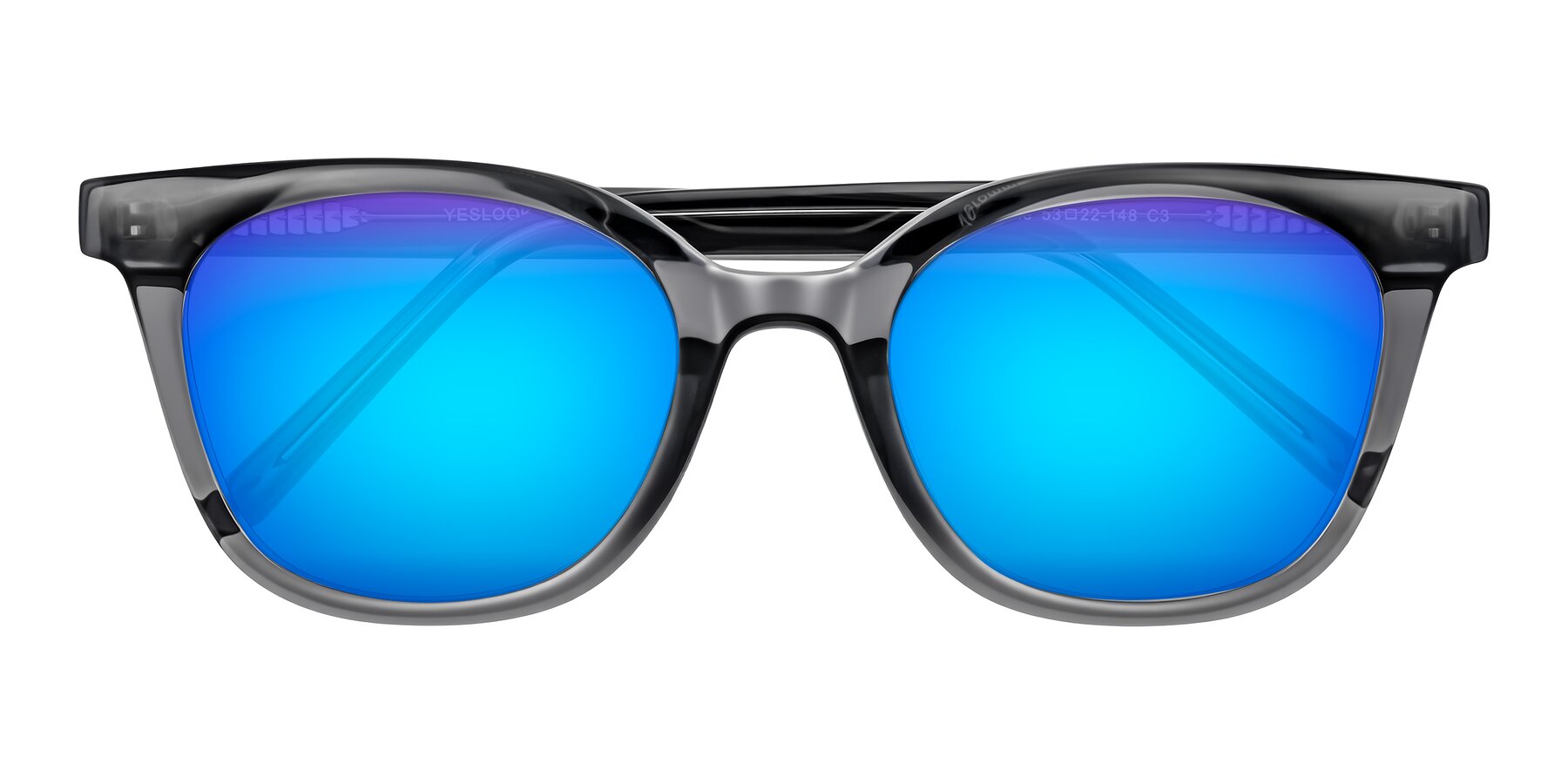 Folded Front of Jeromme in Translucent Gray with Blue Mirrored Lenses