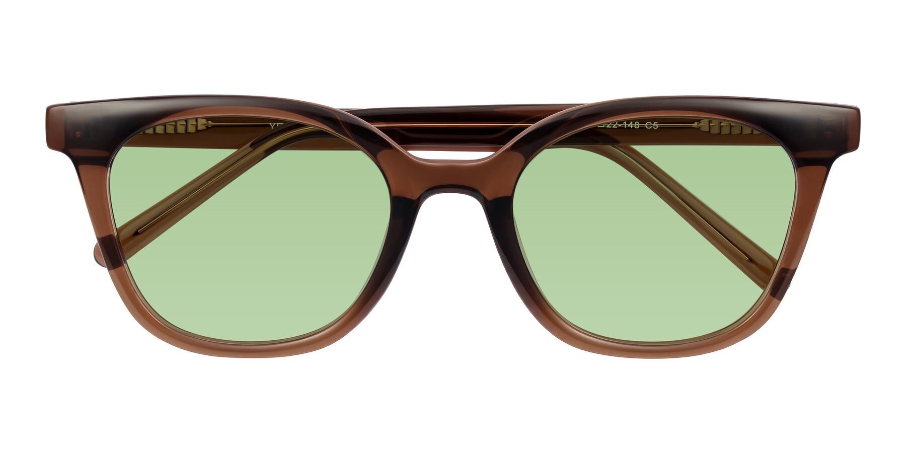 Folded Front of Jeromme in Coffee with Medium Green Tinted Lenses