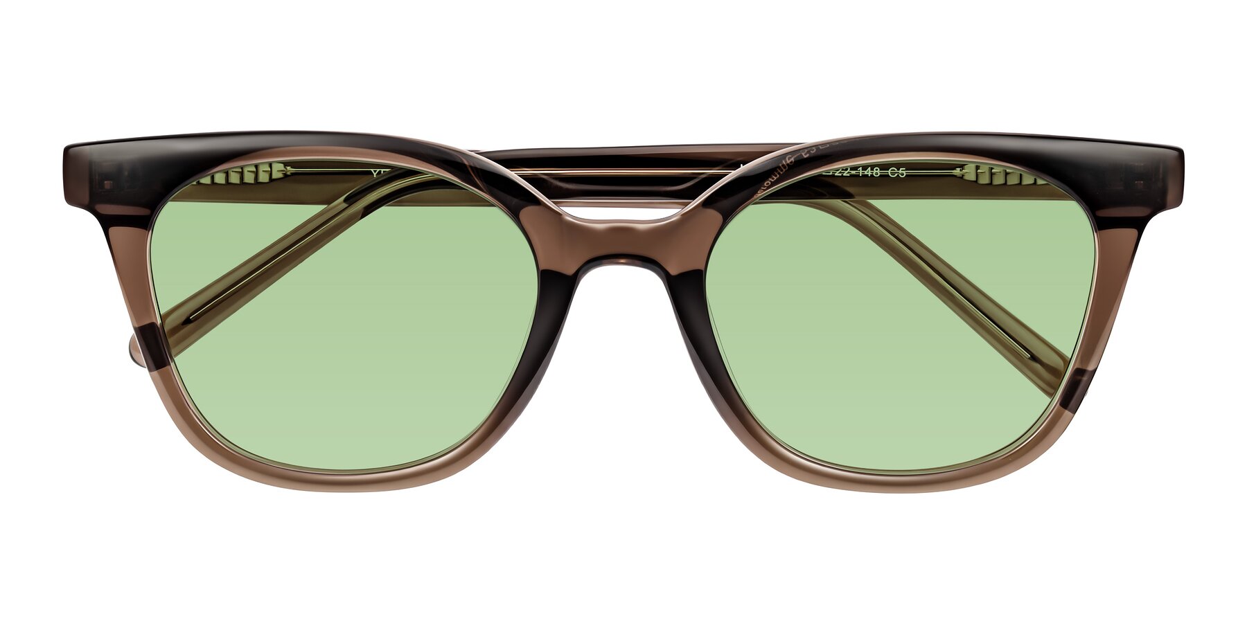 Folded Front of Jeromme in Coffee with Medium Green Tinted Lenses