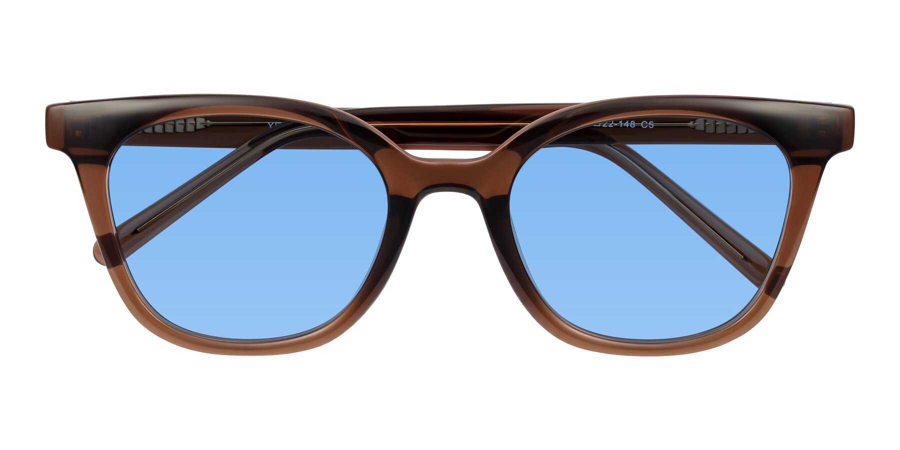 Folded Front of Jeromme in Coffee with Medium Blue Tinted Lenses