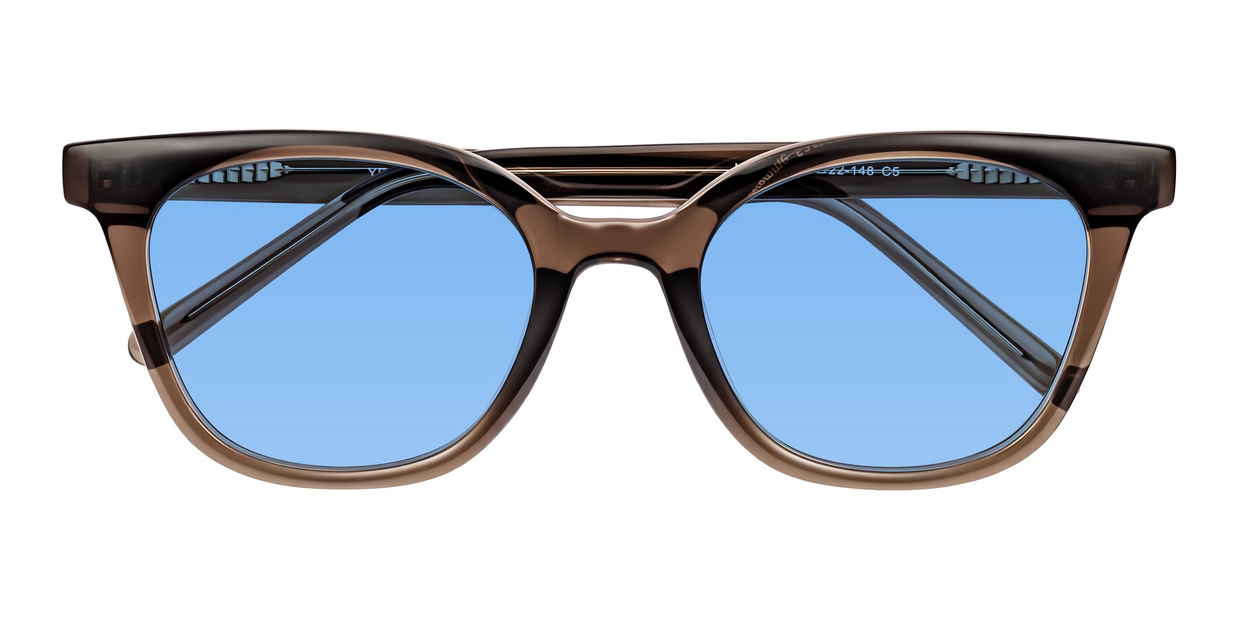 Folded Front of Jeromme in Coffee with Medium Blue Tinted Lenses