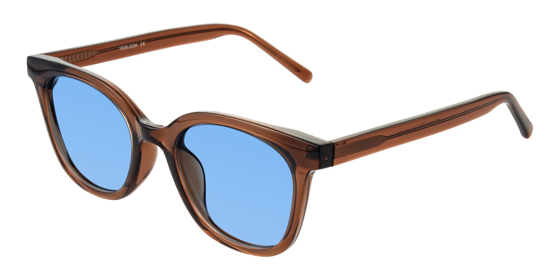 Angle of Jeromme in Coffee with Medium Blue Tinted Lenses