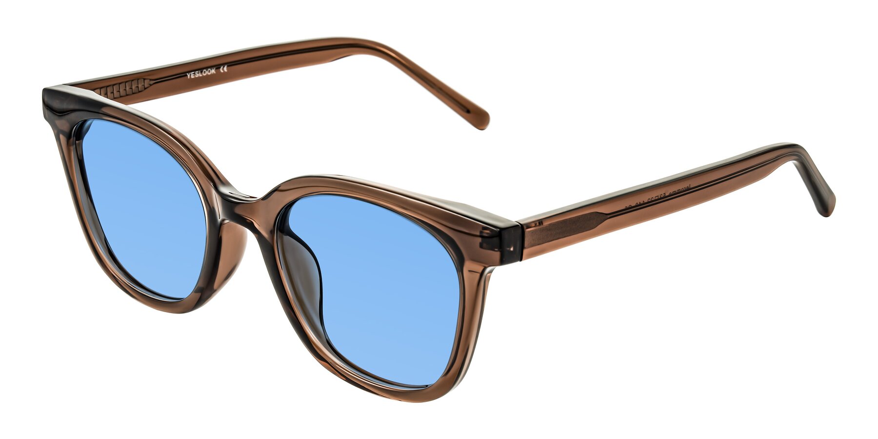 Angle of Jeromme in Coffee with Medium Blue Tinted Lenses