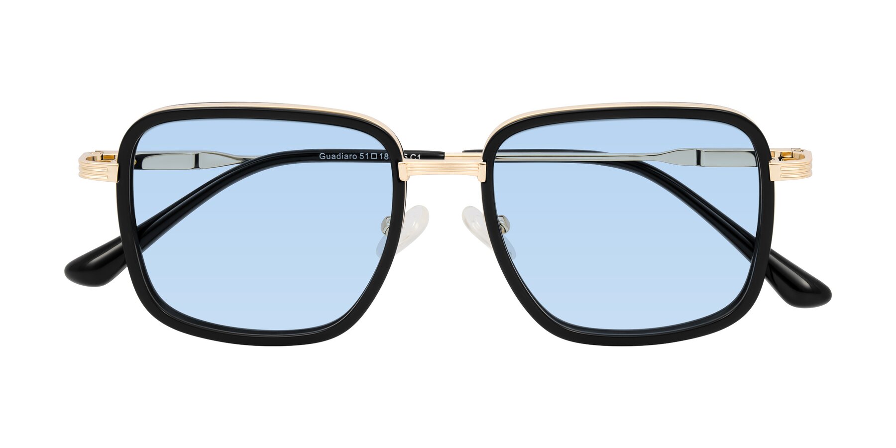 Folded Front of Guadiaro in Black/Gold with Light Blue Tinted Lenses