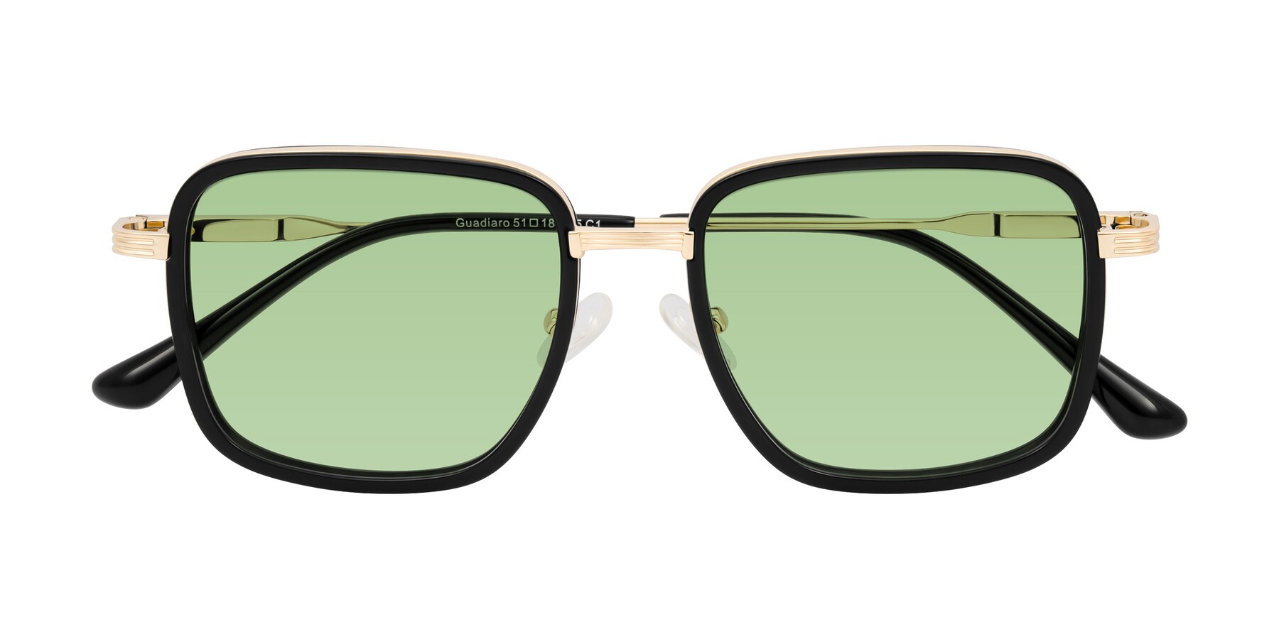 Folded Front of Guadiaro in Black/Gold with Medium Green Tinted Lenses