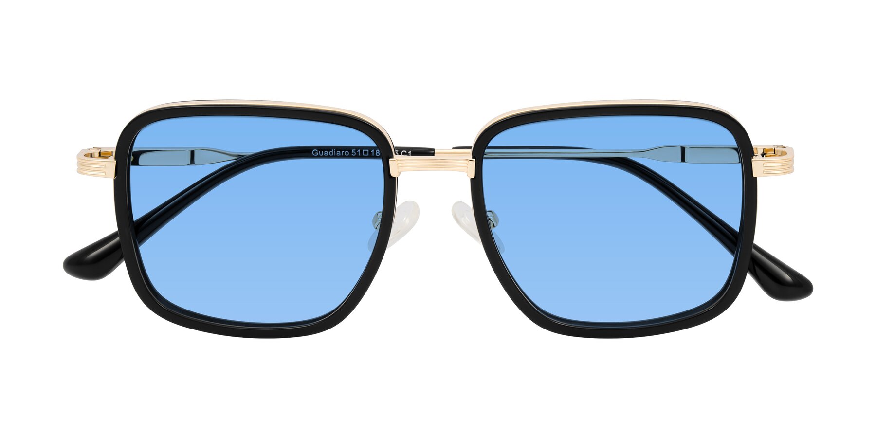 Folded Front of Guadiaro in Black/Gold with Medium Blue Tinted Lenses