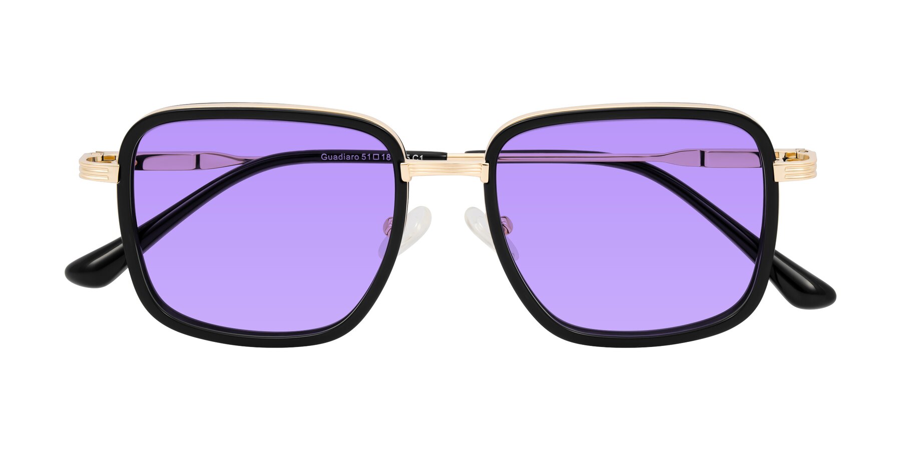 Folded Front of Guadiaro in Black/Gold with Medium Purple Tinted Lenses