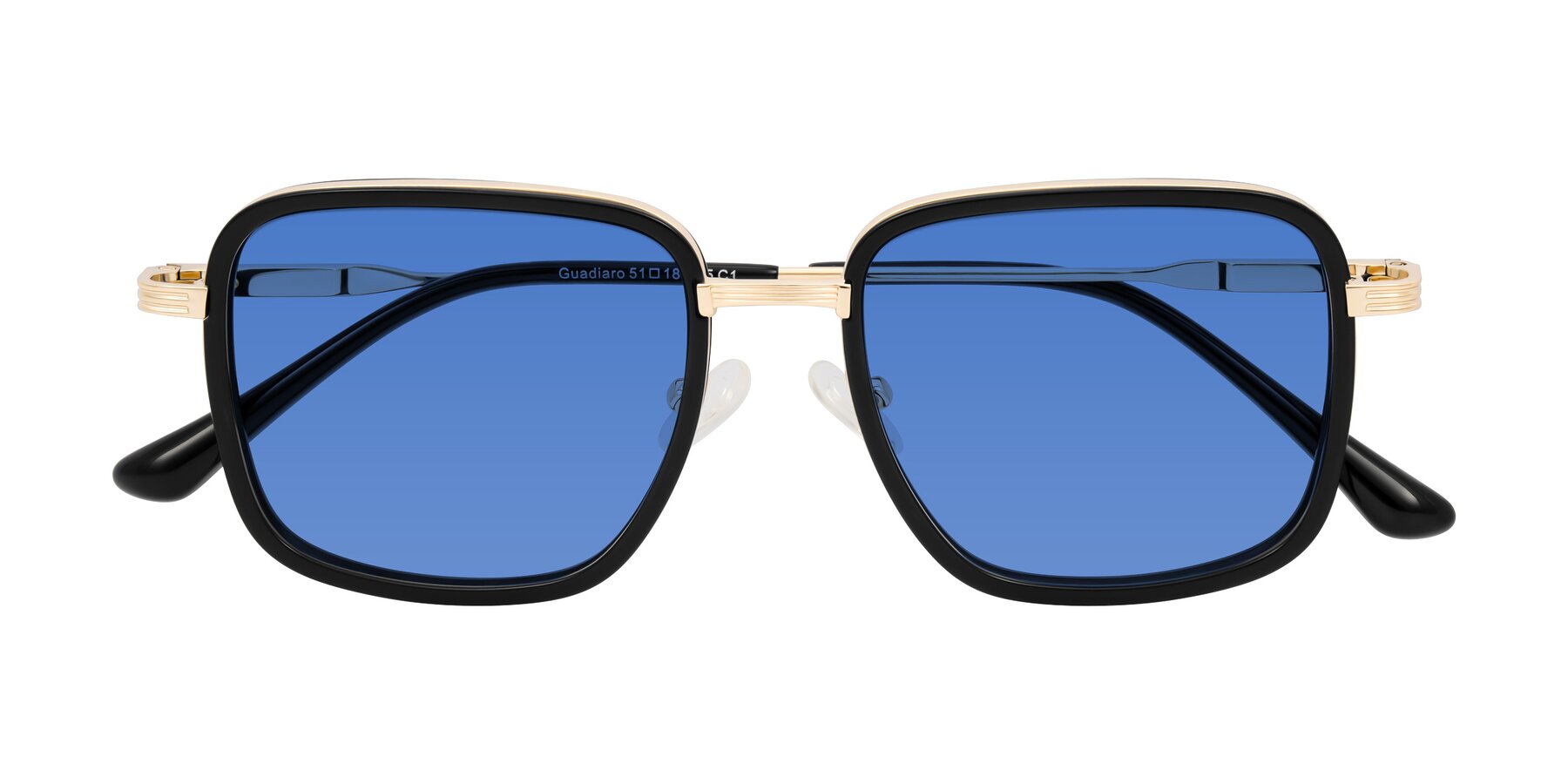 Folded Front of Guadiaro in Black/Gold with Blue Tinted Lenses