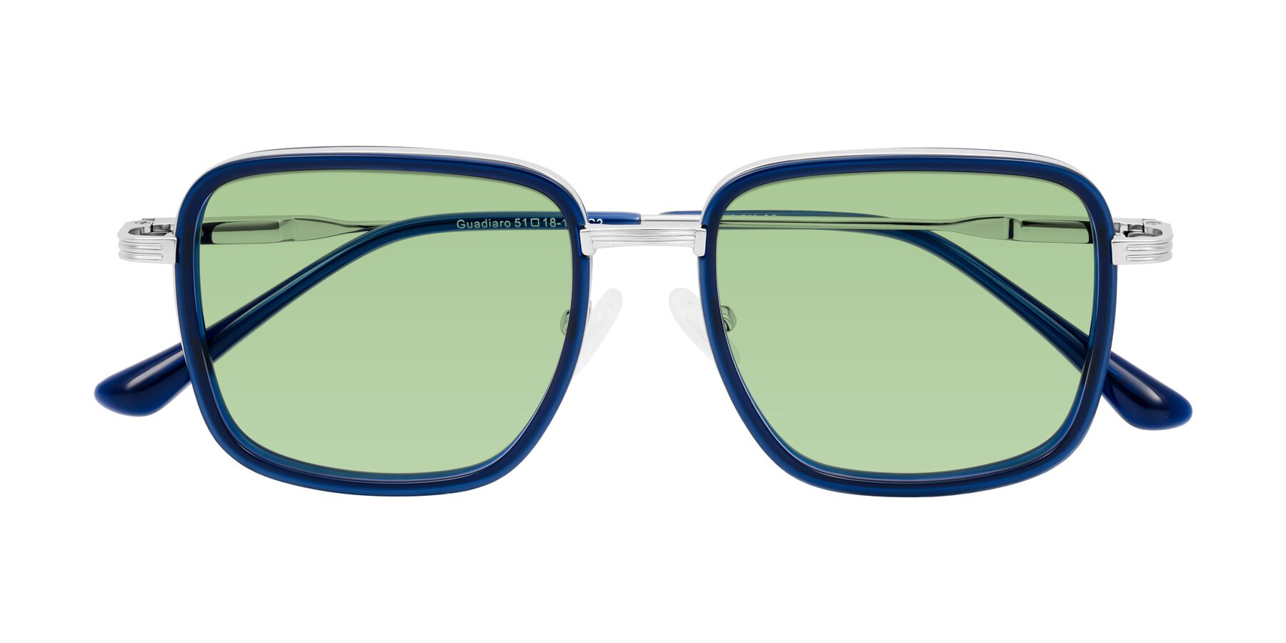Folded Front of Guadiaro in Blue/Silver with Medium Green Tinted Lenses