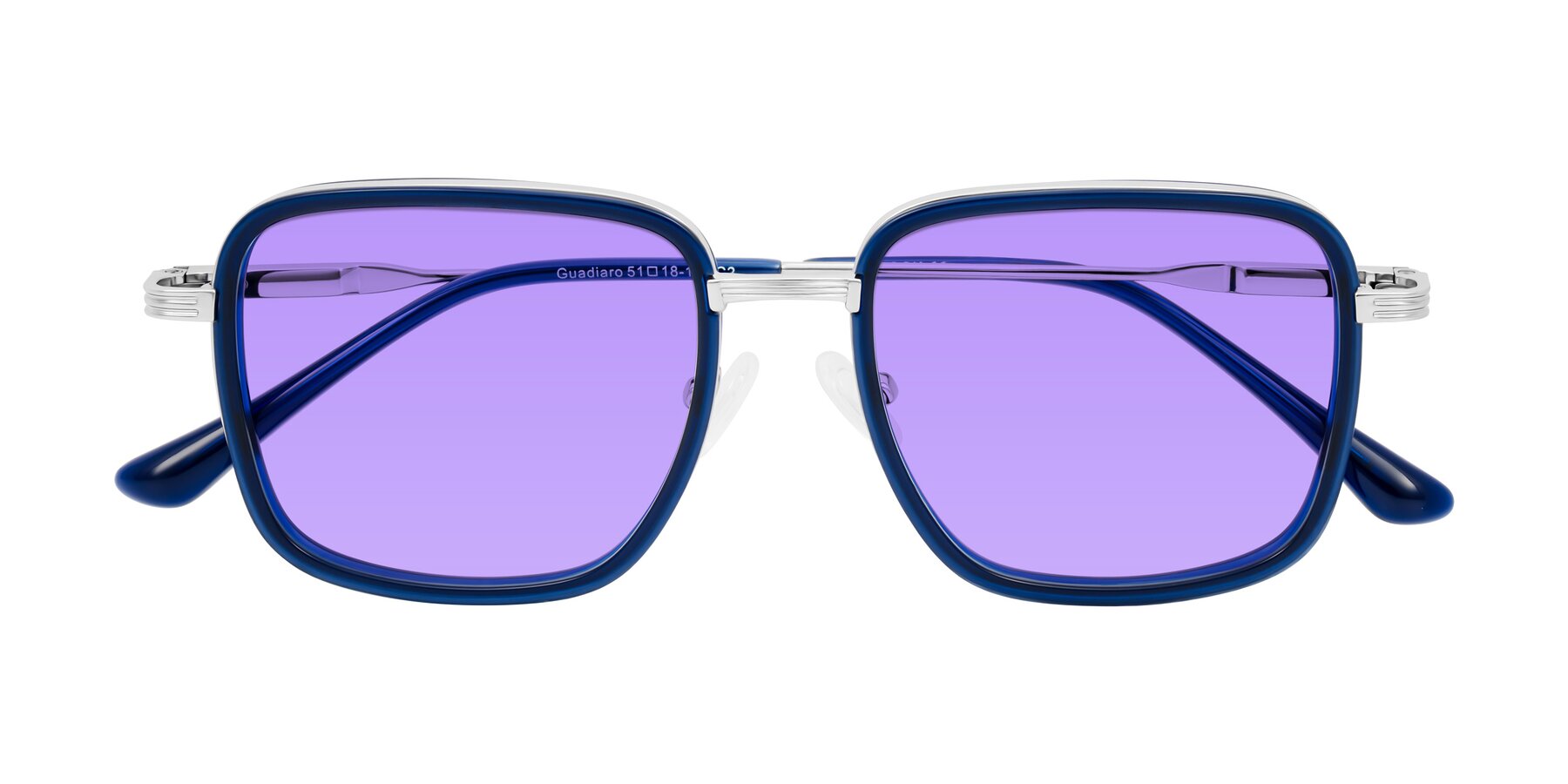 Folded Front of Guadiaro in Blue/Silver with Medium Purple Tinted Lenses