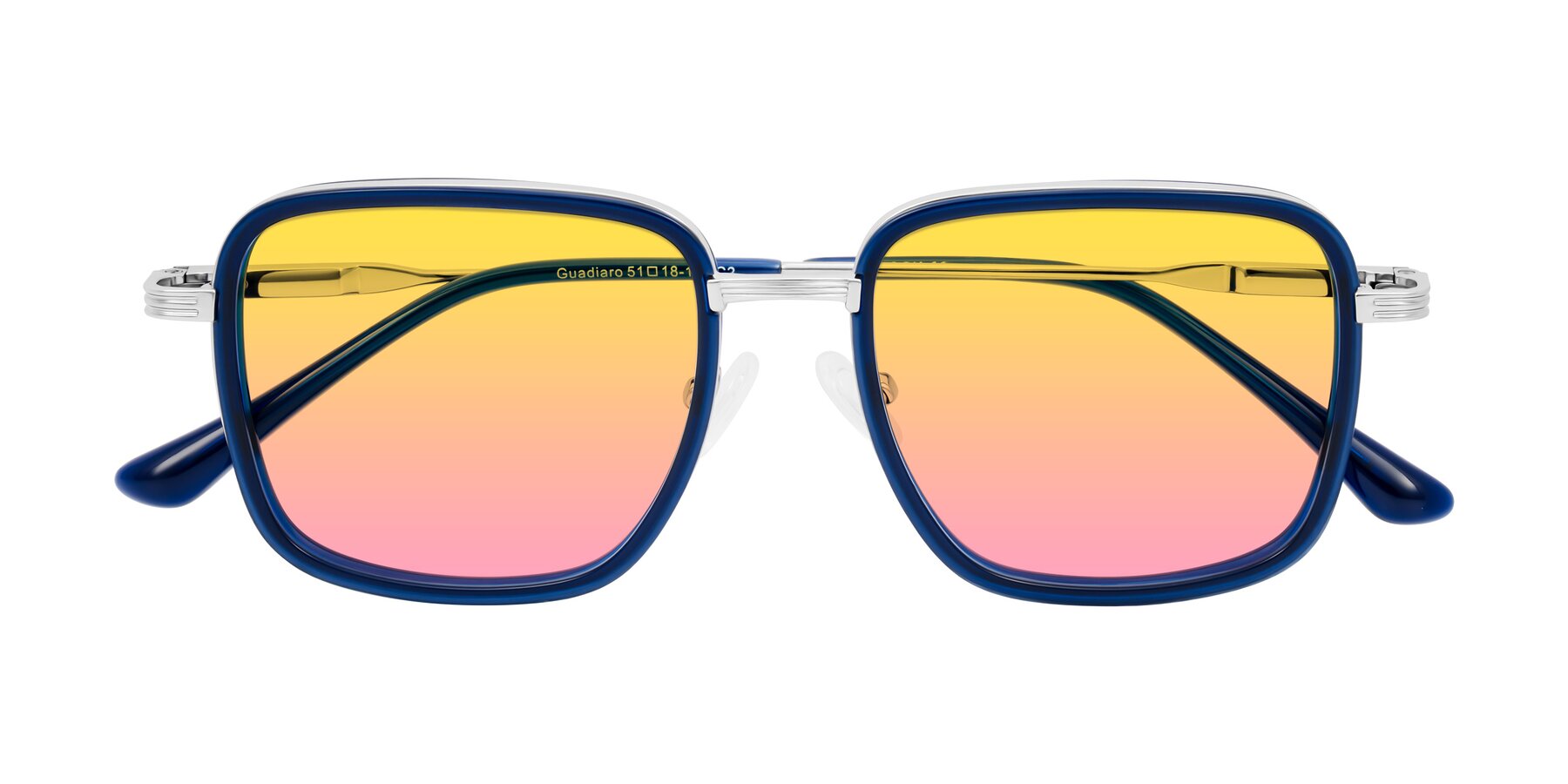 Folded Front of Guadiaro in Blue/Silver with Yellow / Pink Gradient Lenses