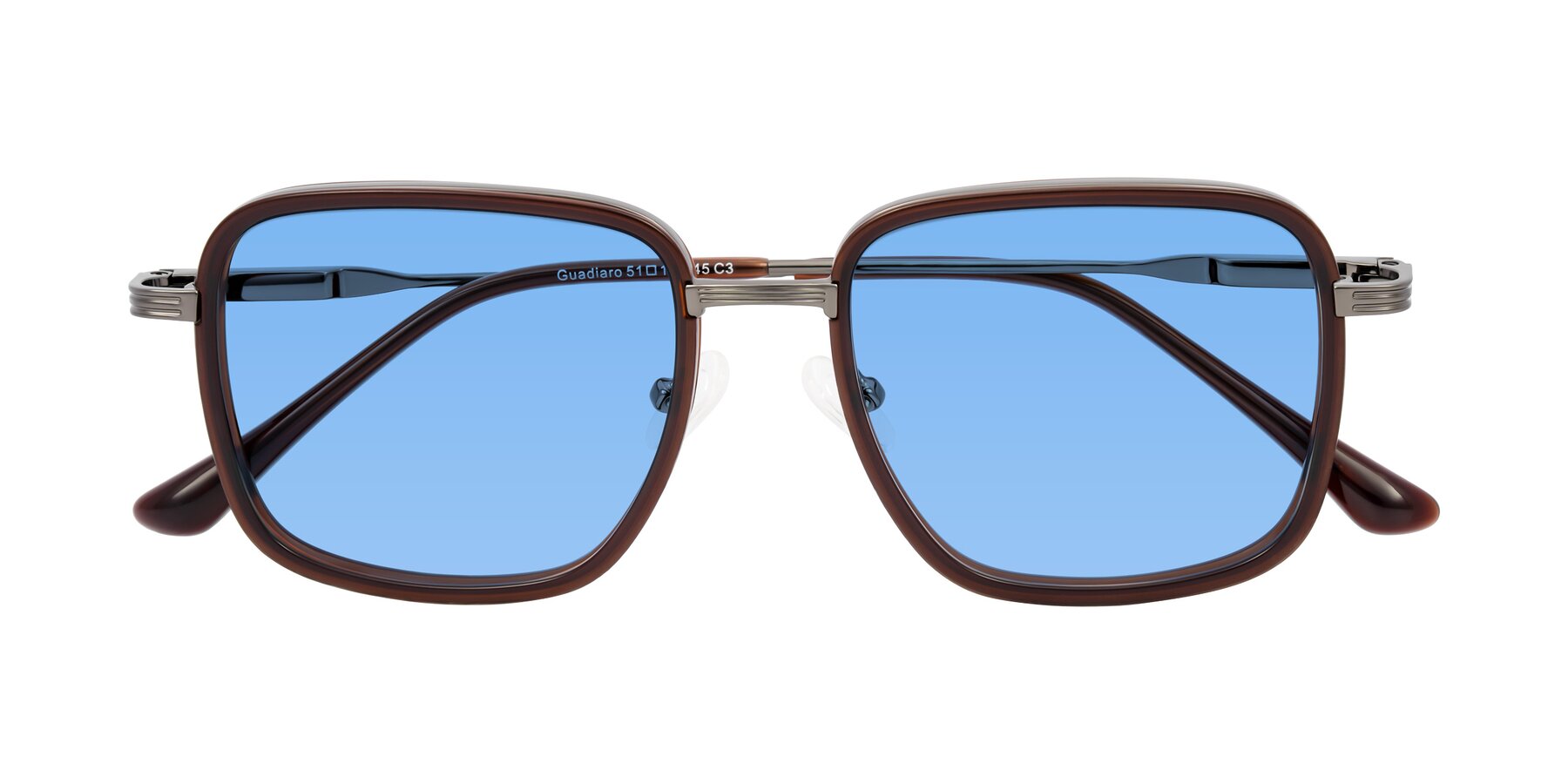 Folded Front of Guadiaro in Brown/Gunmetal with Medium Blue Tinted Lenses