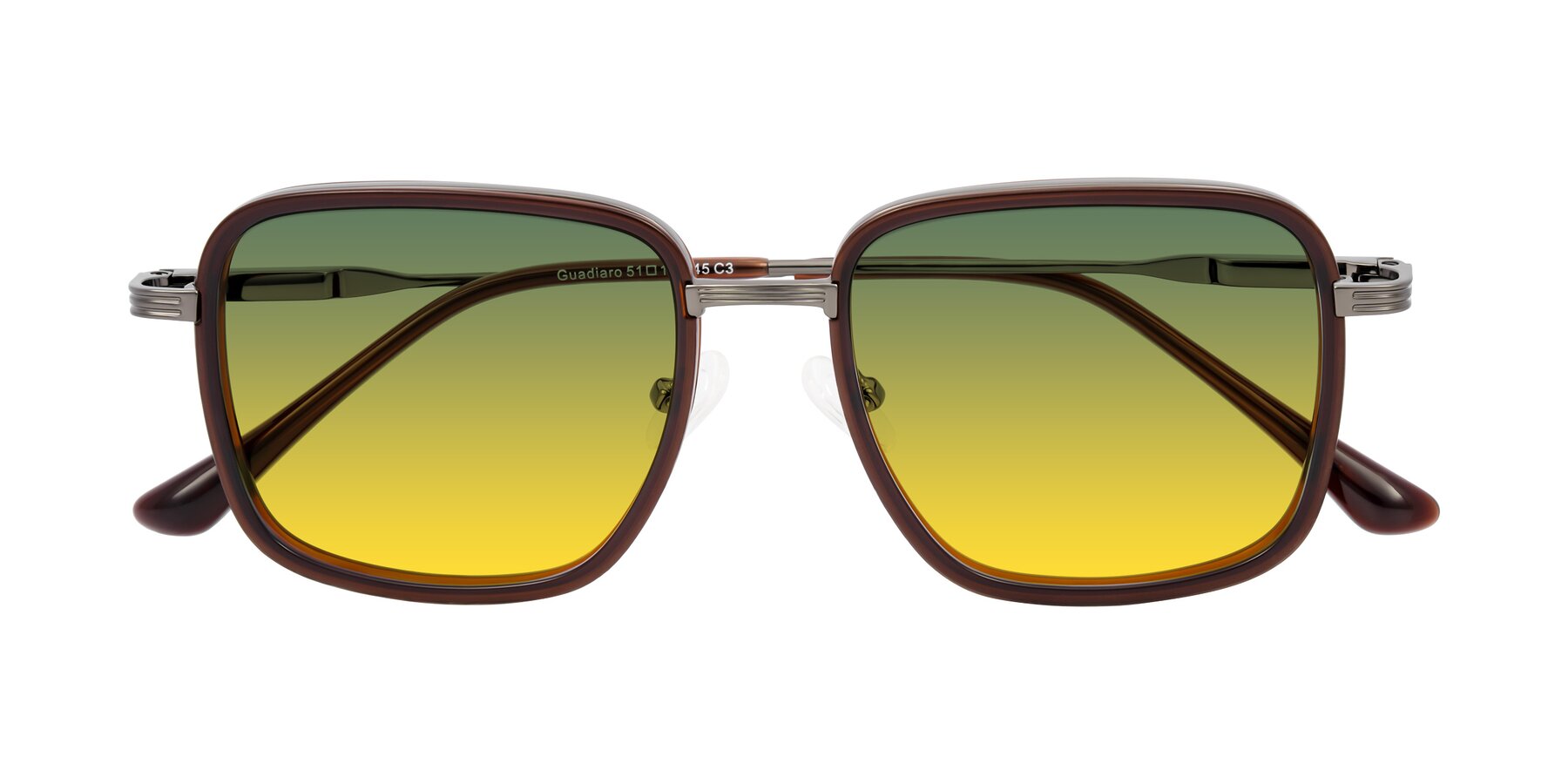 Folded Front of Guadiaro in Brown/Gunmetal with Green / Yellow Gradient Lenses