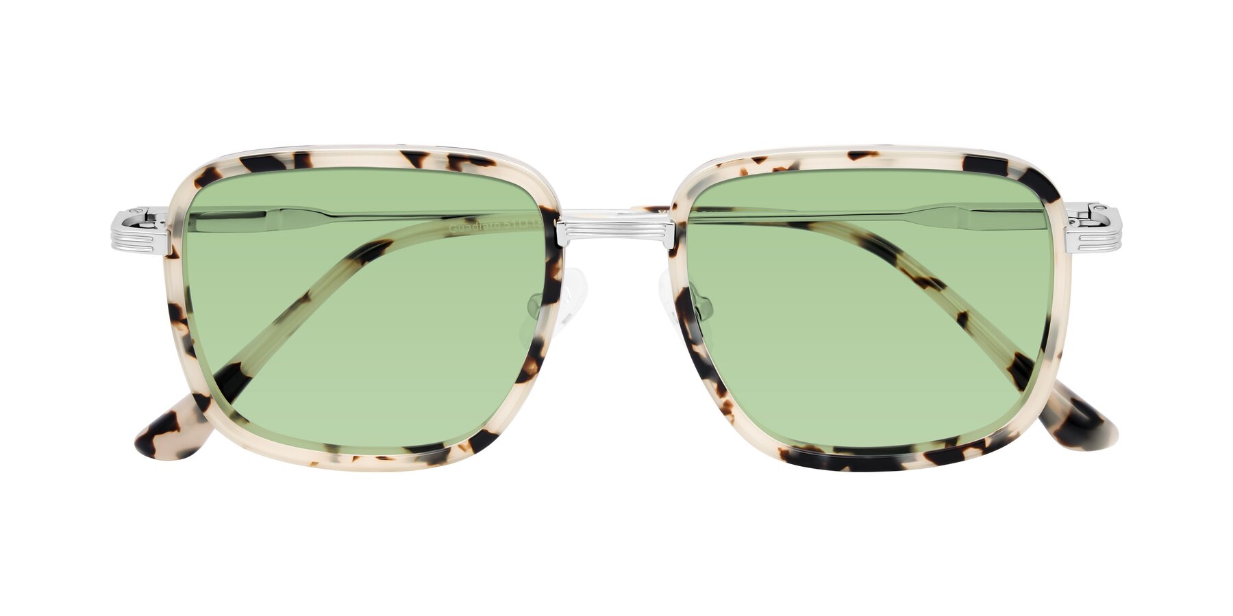 Folded Front of Guadiaro in Ivory Tortoise/Silver with Medium Green Tinted Lenses