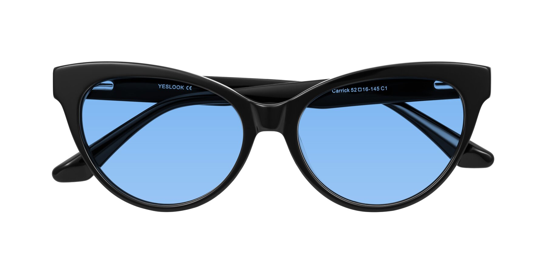 Folded Front of Carrick in Black with Medium Blue Tinted Lenses
