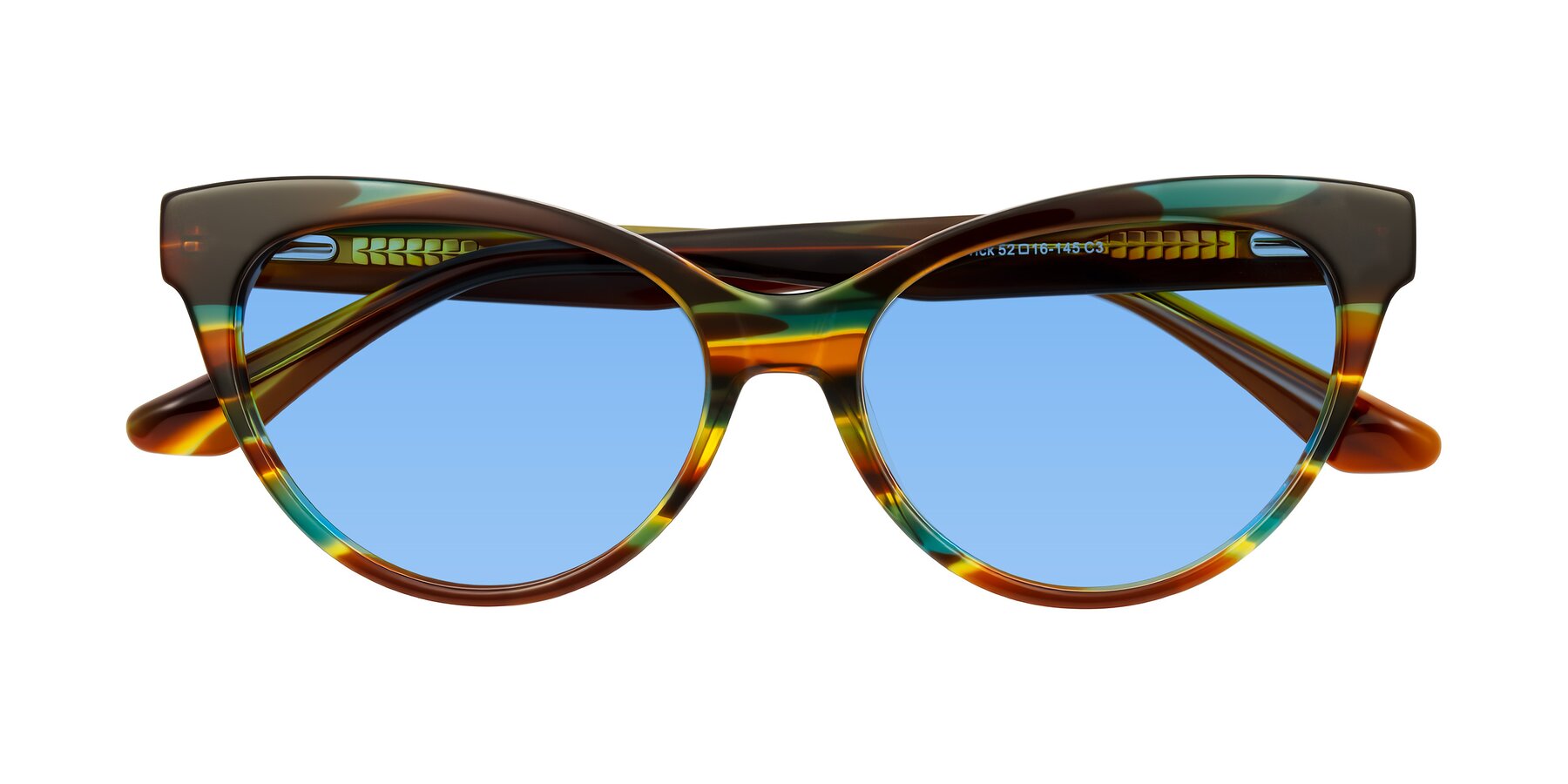 Folded Front of Carrick in Forest Tortoise with Medium Blue Tinted Lenses