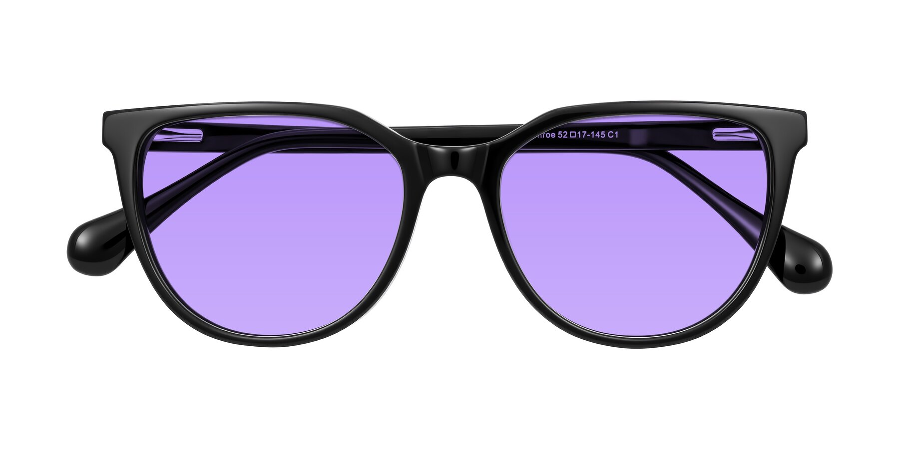 Folded Front of Glenroe in Black with Medium Purple Tinted Lenses