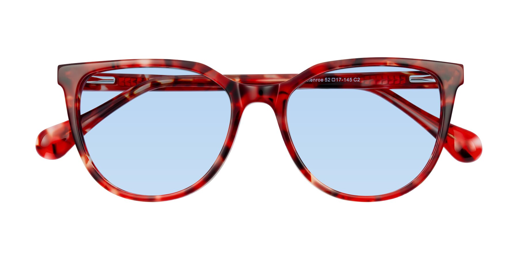 Folded Front of Glenroe in Red Tortoise with Light Blue Tinted Lenses