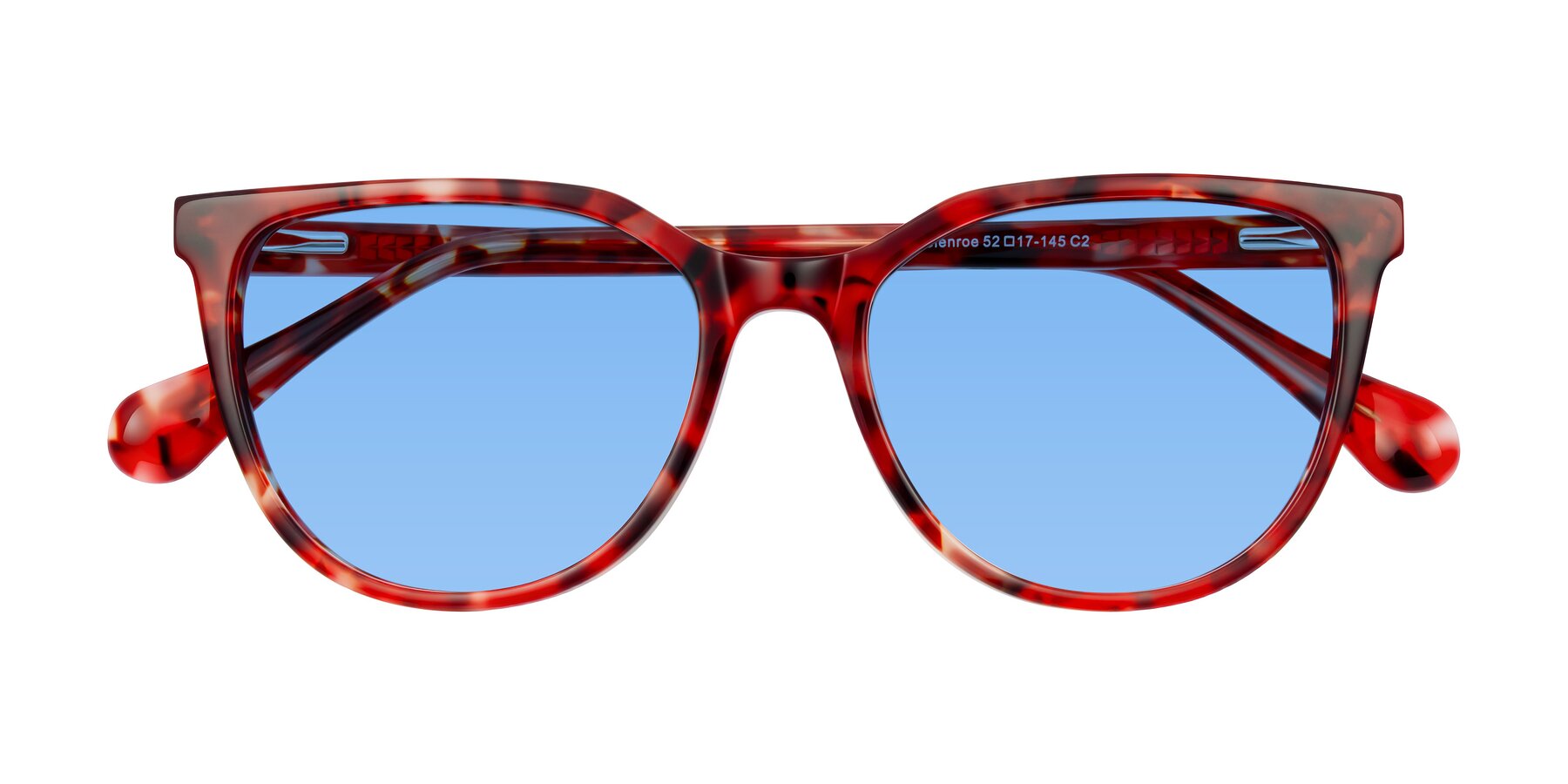 Folded Front of Glenroe in Red Tortoise with Medium Blue Tinted Lenses