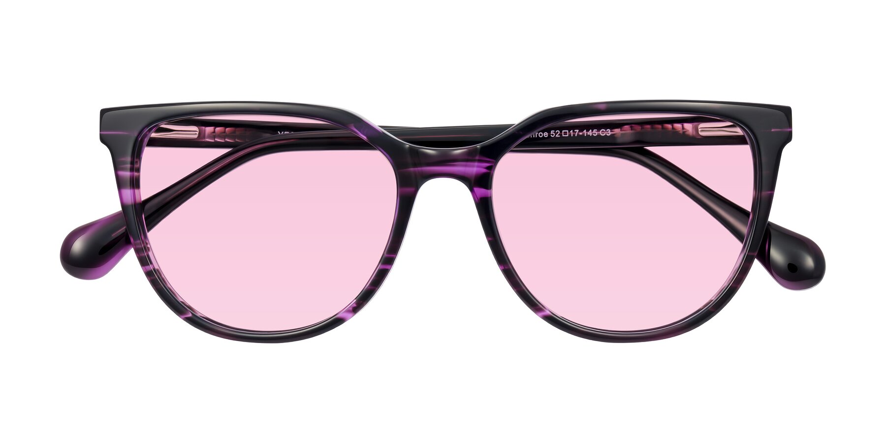 Folded Front of Glenroe in Purple Striped with Light Pink Tinted Lenses