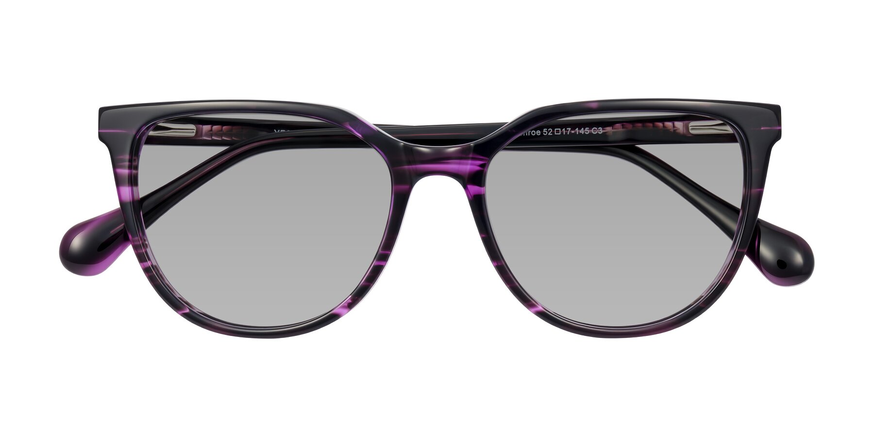 Folded Front of Glenroe in Purple Striped with Light Gray Tinted Lenses
