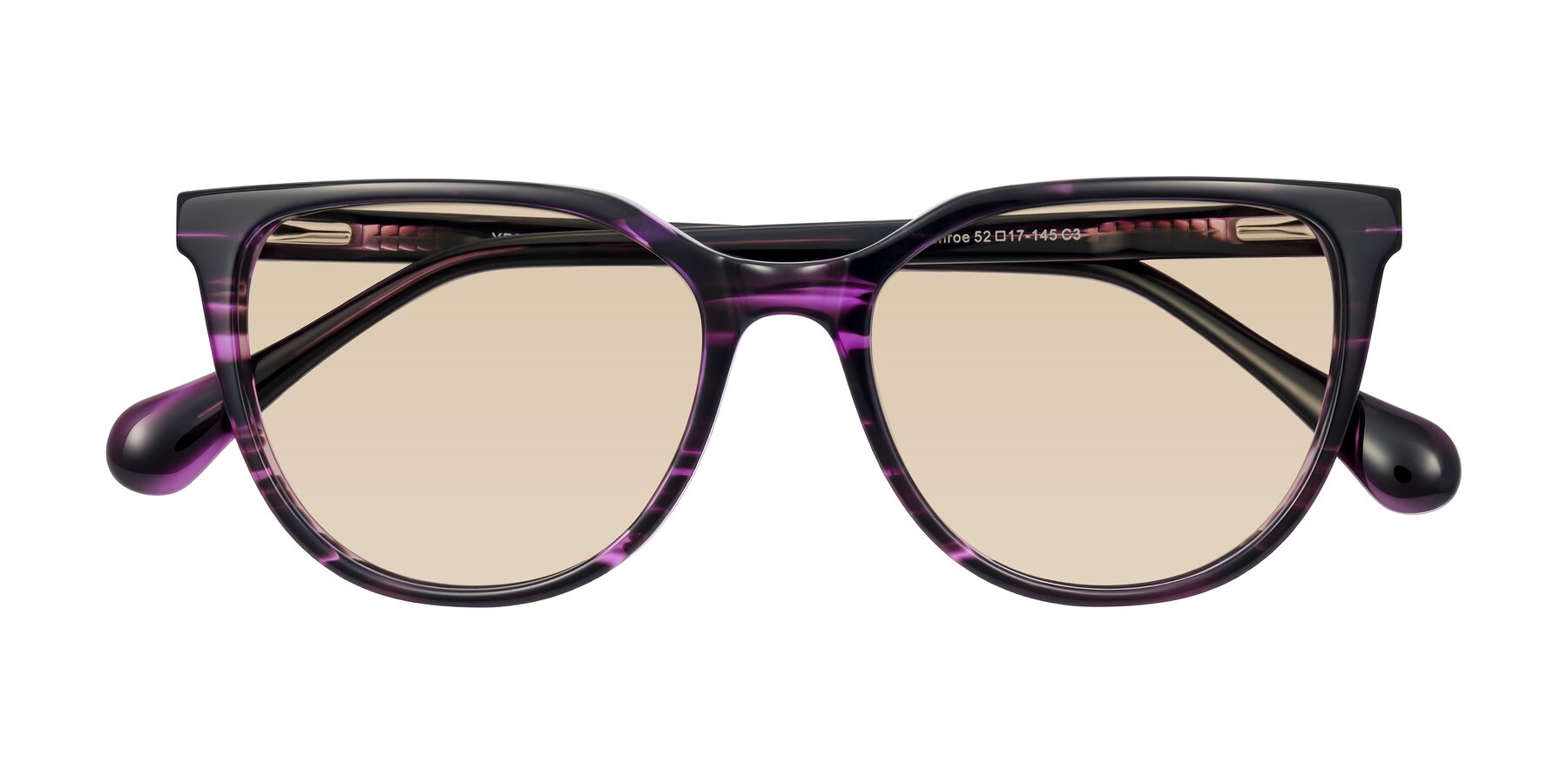 Folded Front of Glenroe in Purple Striped with Light Brown Tinted Lenses
