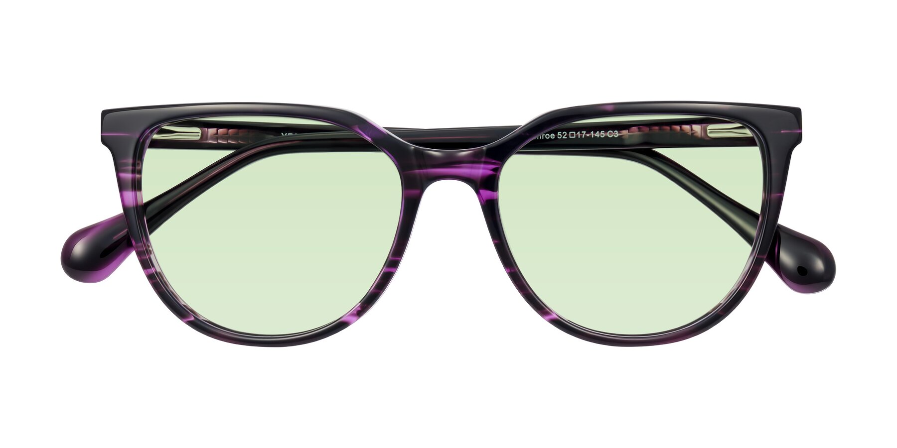 Folded Front of Glenroe in Purple Striped with Light Green Tinted Lenses