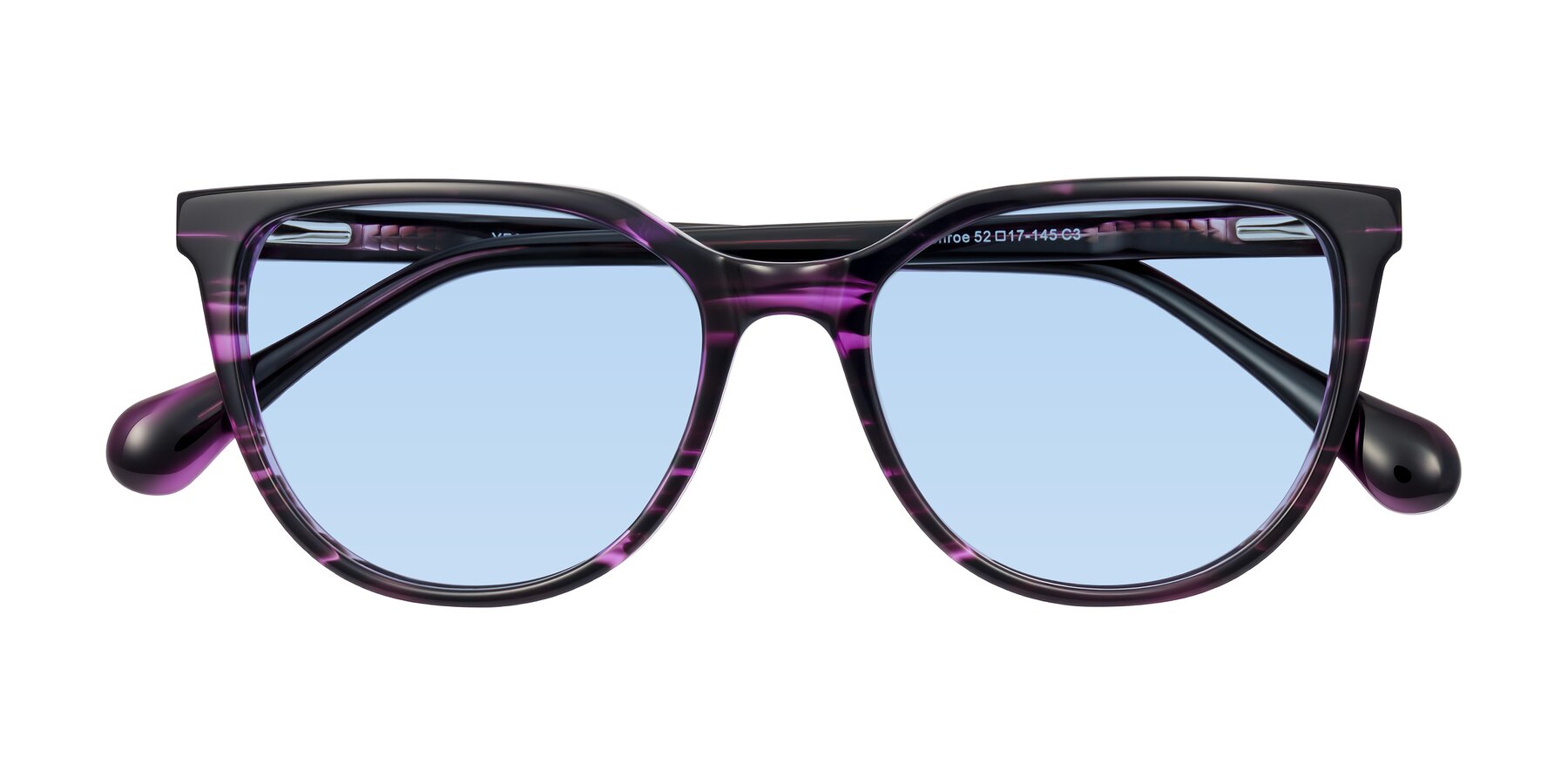Folded Front of Glenroe in Purple Striped with Light Blue Tinted Lenses