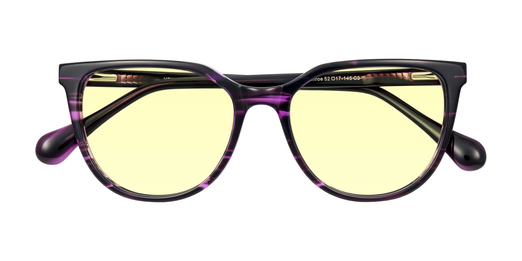 Folded Front of Glenroe in Purple Striped with Light Yellow Tinted Lenses