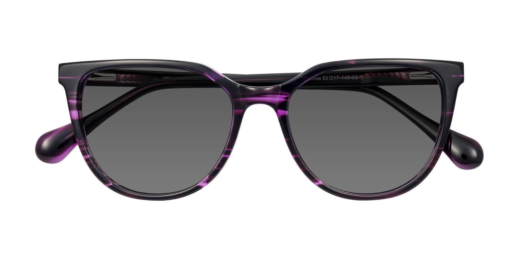 Folded Front of Glenroe in Purple Striped with Medium Gray Tinted Lenses