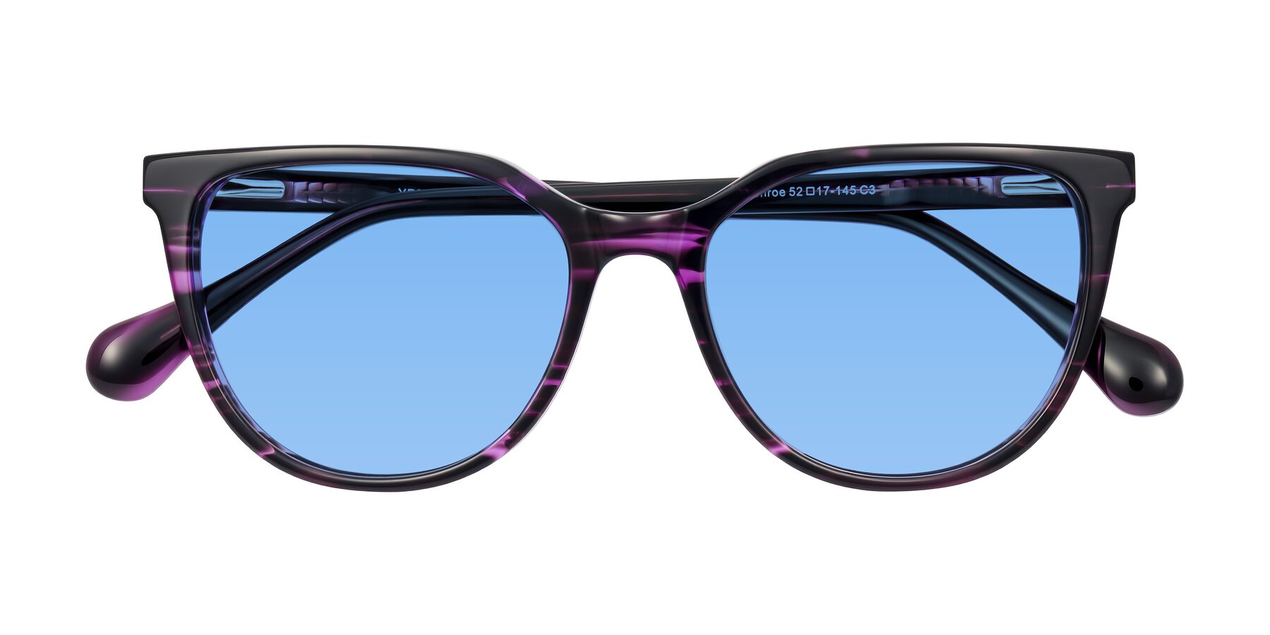 Folded Front of Glenroe in Purple Striped with Medium Blue Tinted Lenses