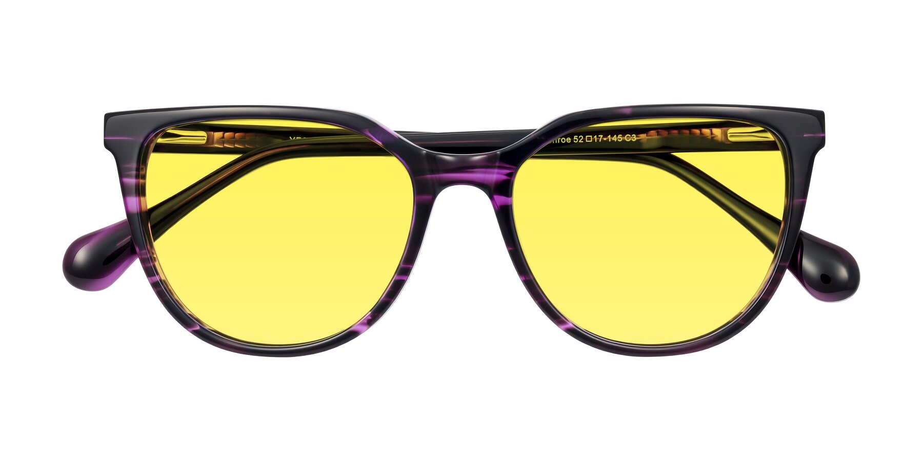 Folded Front of Glenroe in Purple Striped with Medium Yellow Tinted Lenses