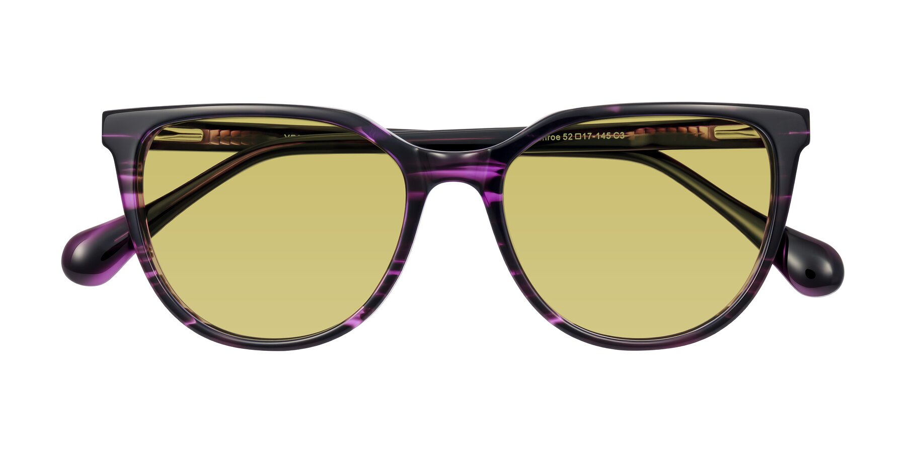 Folded Front of Glenroe in Purple Striped with Medium Champagne Tinted Lenses