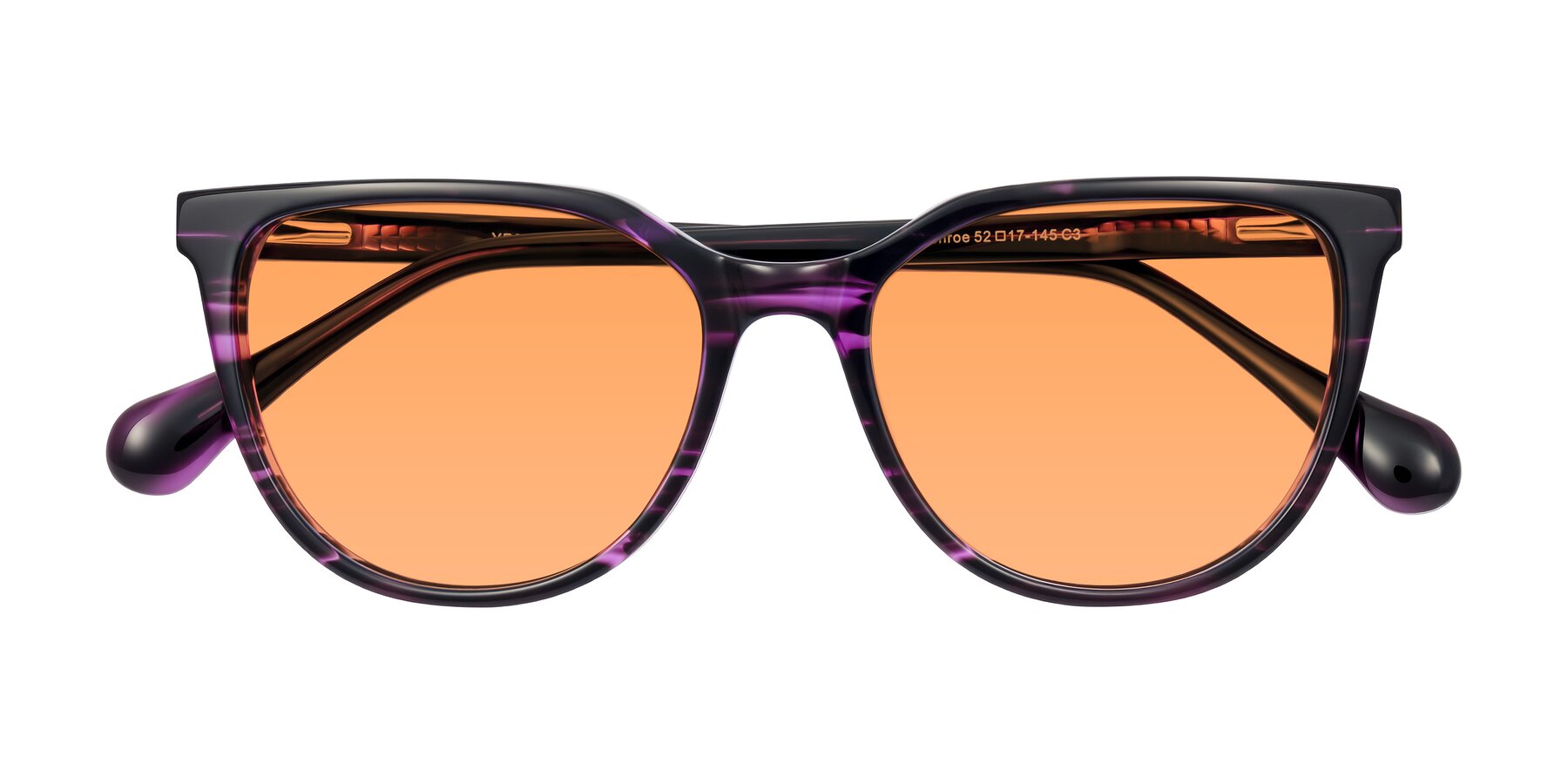 Folded Front of Glenroe in Purple Striped with Medium Orange Tinted Lenses