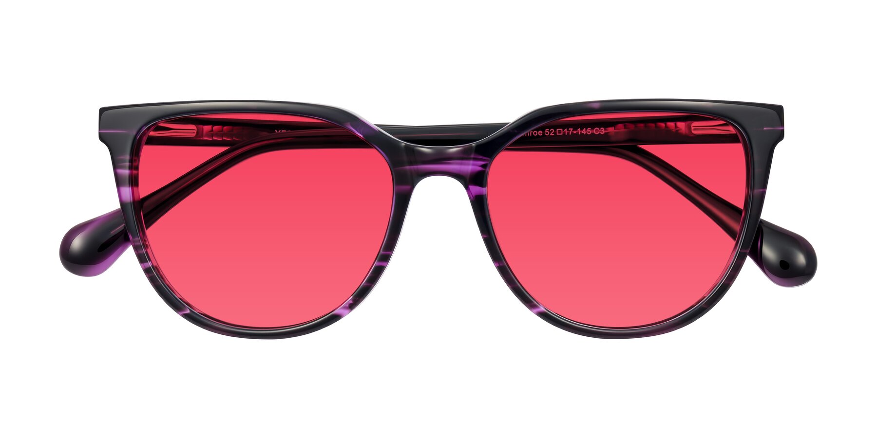 Folded Front of Glenroe in Purple Striped with Red Tinted Lenses