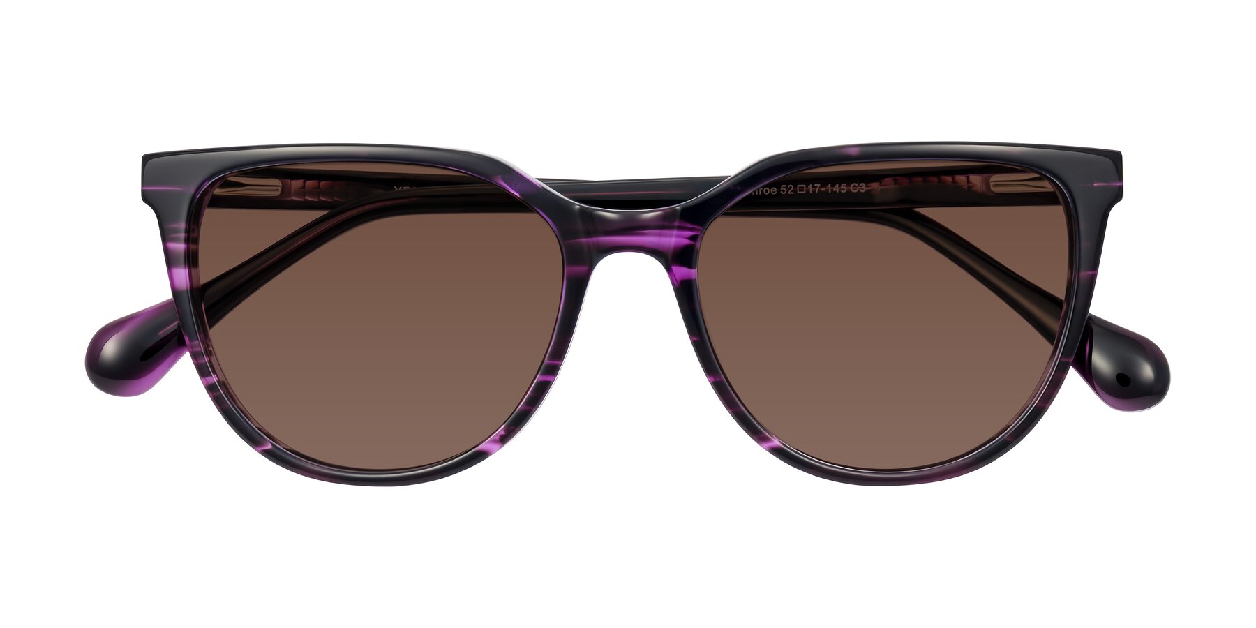 Folded Front of Glenroe in Purple Striped with Brown Tinted Lenses