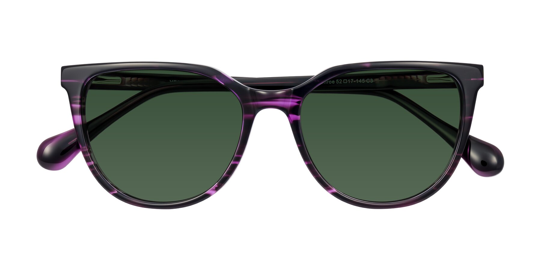 Folded Front of Glenroe in Purple Striped with Green Tinted Lenses