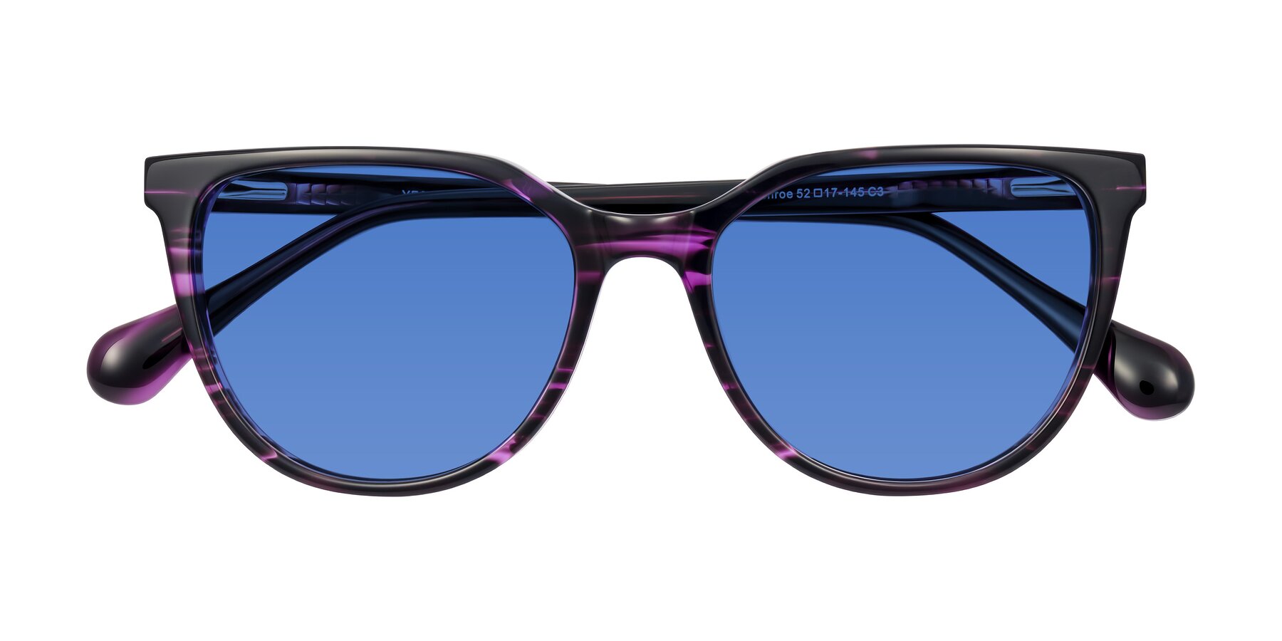 Folded Front of Glenroe in Purple Striped with Blue Tinted Lenses