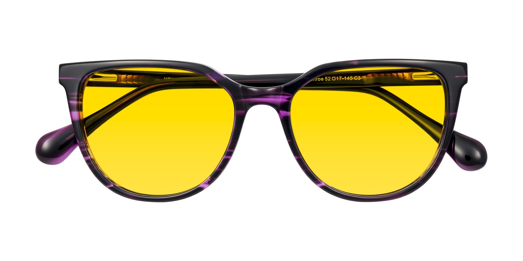 Folded Front of Glenroe in Purple Striped with Yellow Tinted Lenses