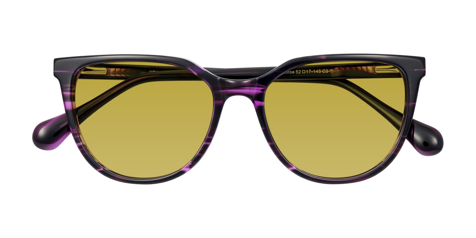 Folded Front of Glenroe in Purple Striped with Champagne Tinted Lenses