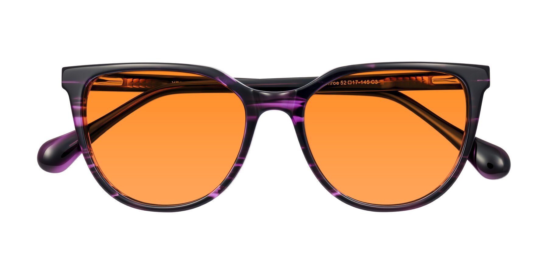 Folded Front of Glenroe in Purple Striped with Orange Tinted Lenses