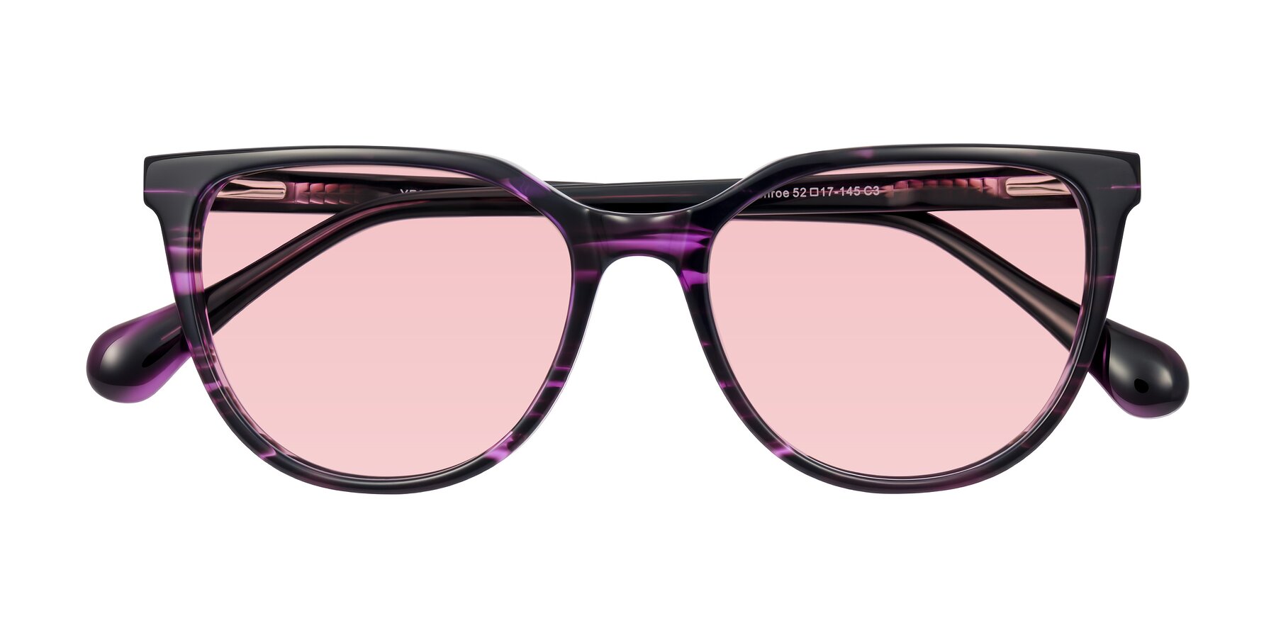 Folded Front of Glenroe in Purple Striped with Light Garnet Tinted Lenses