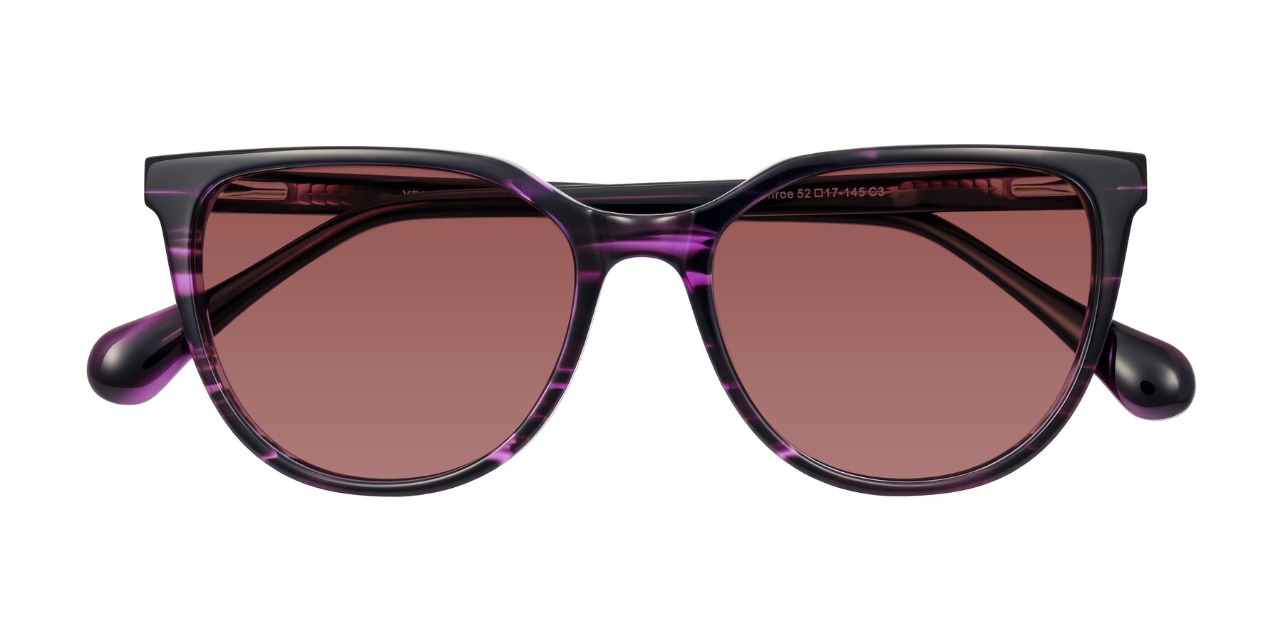 Folded Front of Glenroe in Purple Striped with Garnet Tinted Lenses