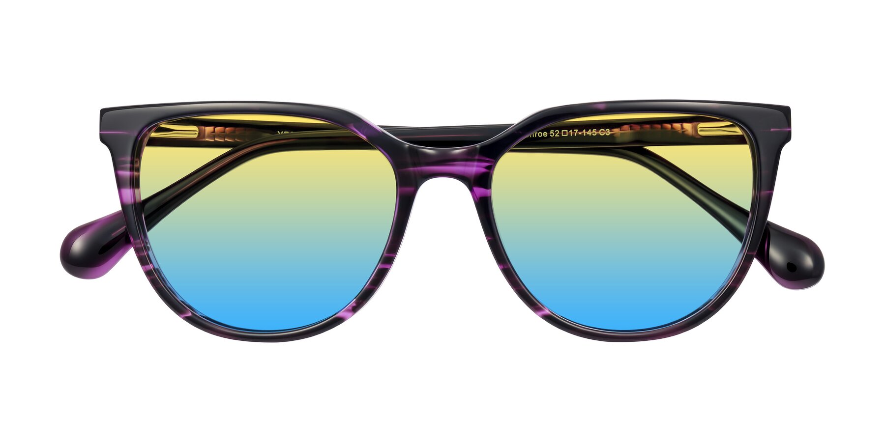 Folded Front of Glenroe in Purple Striped with Yellow / Blue Gradient Lenses